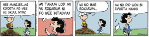 The daily Peanuts comic for March 9, 2026, translated into Yokohama Creole in pure "Peanuts spelling".