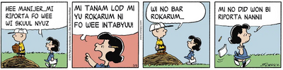 The daily Peanuts comic for March 9, 2026, translated into Yokohama Creole in pure "Peanuts spelling".